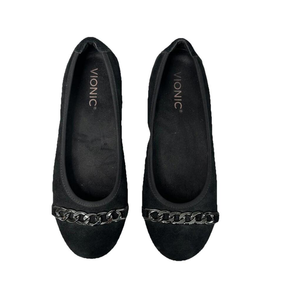Vionic Pera Womens 6.5 Black Suede Ballet Flats Chain Accent Shoes Slip On - Picture 3 of 8